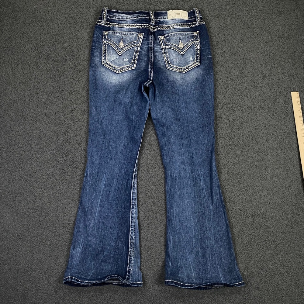 Miss Me High Rise Flare Jeans size 31 HEMMED Blue Denim Stitch Y2K Flap Pocket
